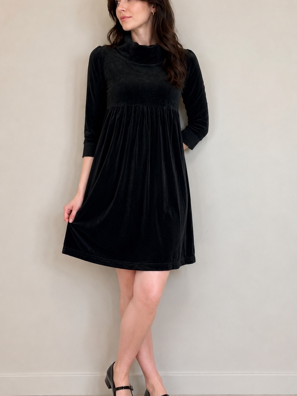 Juicy Couture Velour Dress Womens Petite Black Long Sleeve Y2K Empire Waist